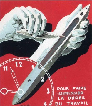  Work Works - project of poster the center of textile workers in belgium to reduce working hours 1938 Surrealism